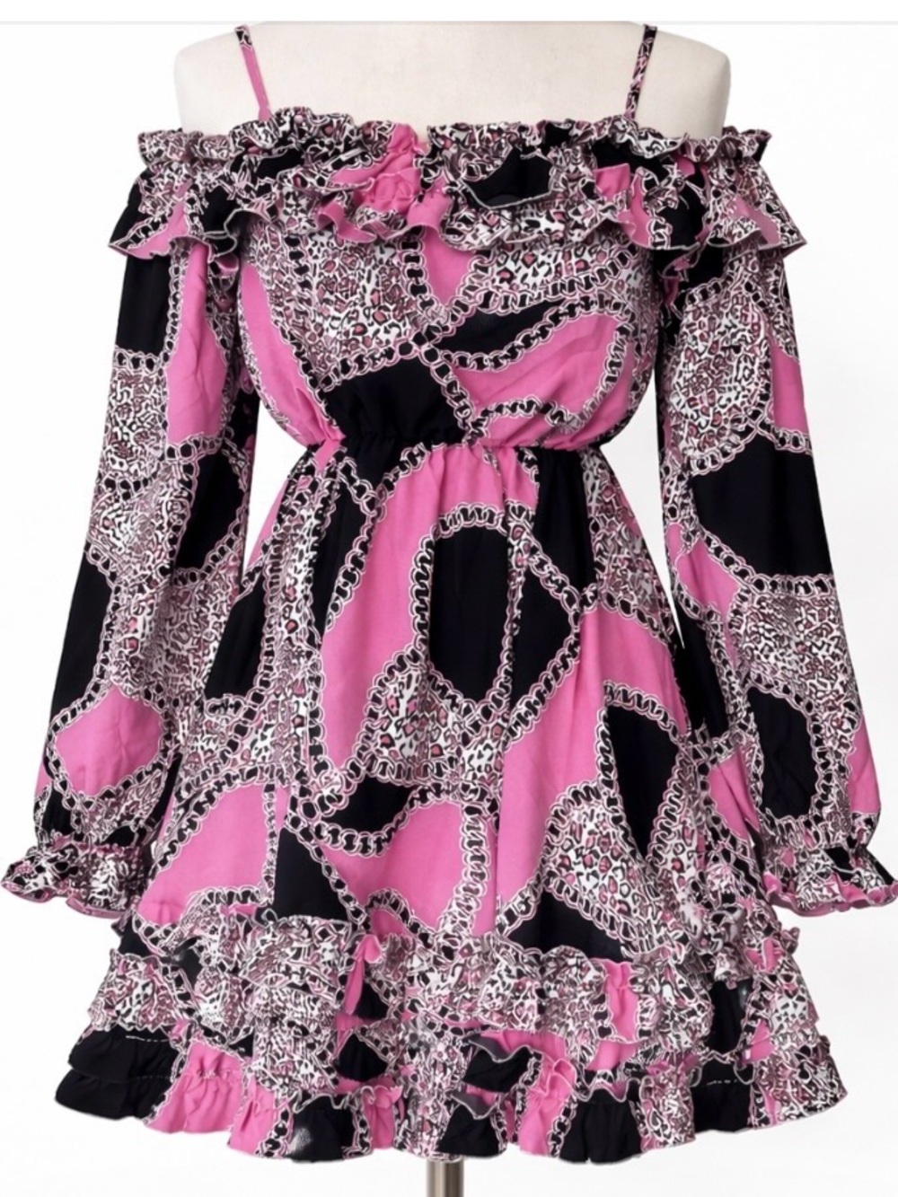 Flirty Ruffled Pink Black Mini Dress Barbie Boho Festival Summer Coquette Dress